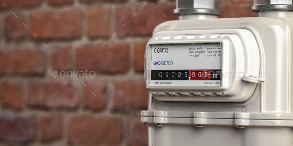 Natural gas meter  on brick  wall. - Stock Photo - Images