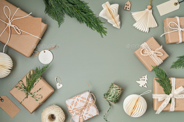 Christmas background with gift boxes and kraft wrapping paper