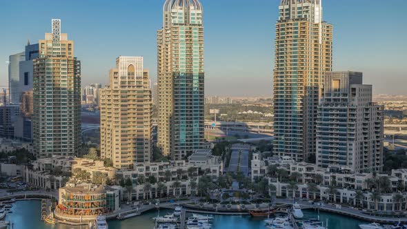 Dubai Marina Skyscrapers Aeral Timelapse Port with Luxury Yachts and Marina Promenade alt