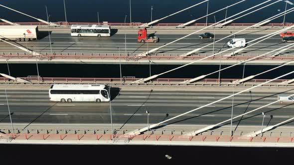 Cars Driving on Cable-stayed Bridge Close Up, Aerial View alt