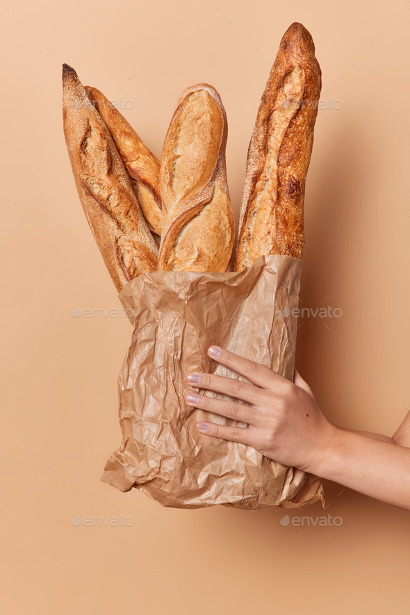 Vertical shot of unknown person holds paper bag of freshly baked baguettes isolated over beige backg - Stock Photo - Images