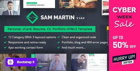 Wondrous Sam Martin - Personal vCard Resume HTML Template