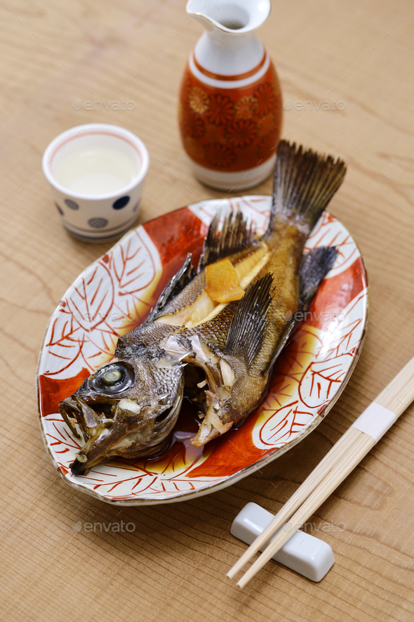 simmered brown rockfish, Japanese cuisine Stock Photo by motghnit