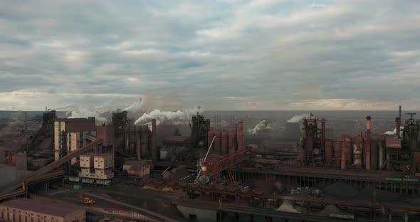 Air Pollution. Clouds of Smoke Coming From the Chimneys of the Plant. Drone Flying Over Smoking