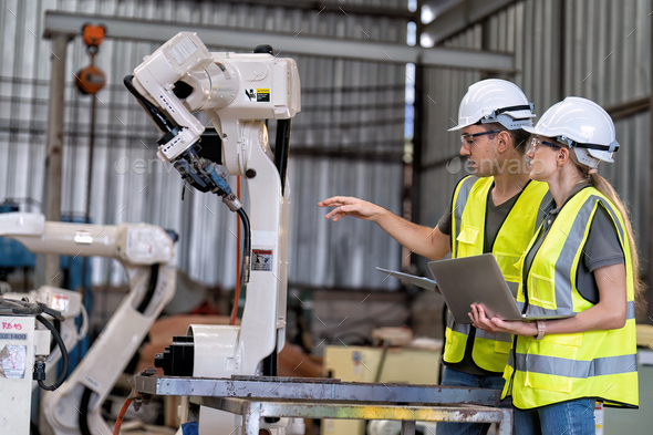 In robotic training instructor teach girl engineer to program robot arm ...