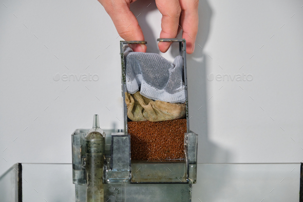 Hand placing filter materials in a fish tank waterfall filter after clean them.