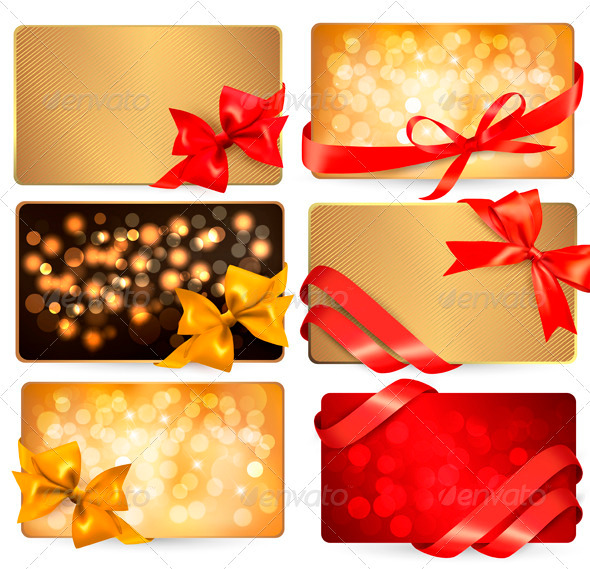 Set of Beautiful Cards with Red Gift Bows - Christmas Seasons/Holidays