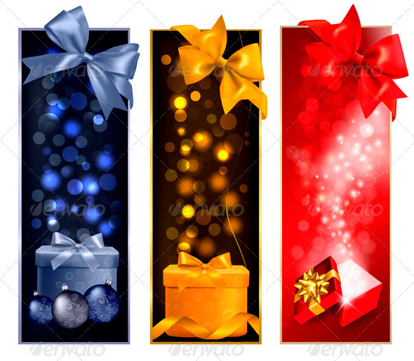 Three Christmas Banners with Gift Boxes and Snow - Christmas Seasons/Holidays