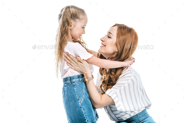 Side View Of Beautiful Happy Mother And Daughter Hugging And Smiling Each Other Isolated On 4160