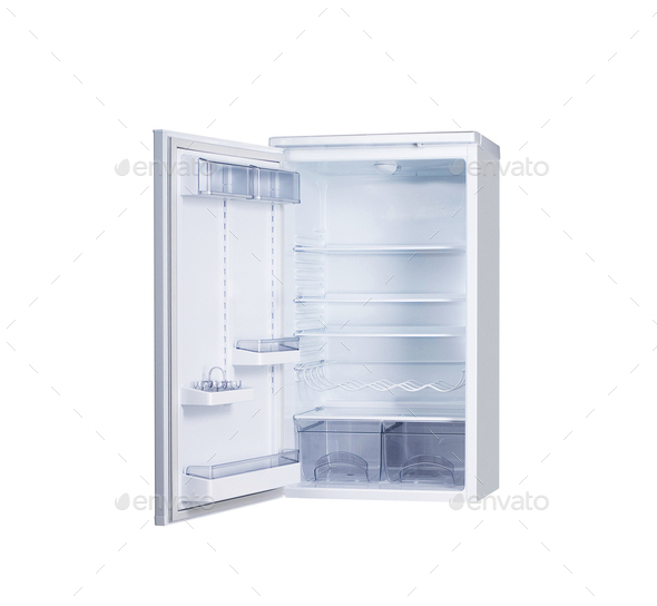 open single door fridge isolated on white
