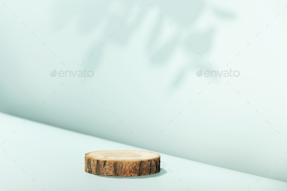 Wood slice podium with leaves shadows on blue background for cosmetic product mockup - Stock Photo - Images