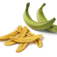 Heap of fresh baked banana chips and fresh green plantains close up on white background - PhotoDune Item for Sale