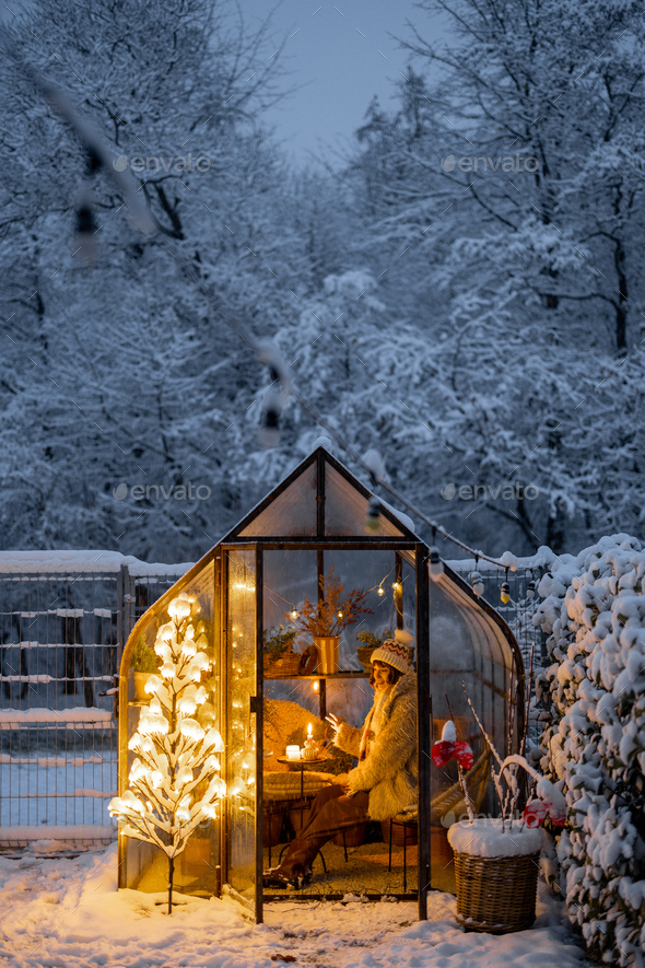 Snowy yard with glasshouse and glowing tree graland - Stock Photo - Images