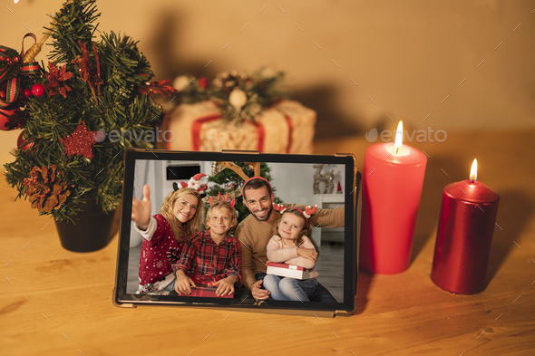 a Christmas video call with your happy family. Concept of families Christmas