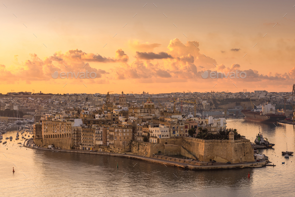 Skyline of Senglea at sunrise,Malta. One of Three Cities in Grand Harbour - Stock Photo - Images