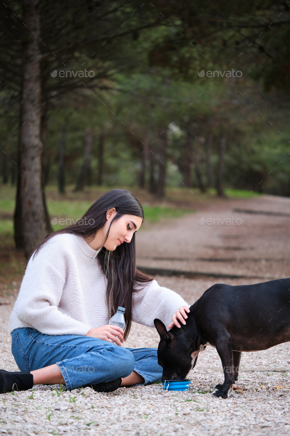 Young caucasian woman giving water to her mixed breed dog at a pine forest. - Stock Photo - Images
