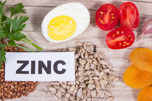 Ingredients containing natural zinc, fiber and other vitamins or minerals - Stock Photo - Images