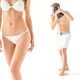 photographer taking photo of beautiful slim woman in swimwear, isolated on white - PhotoDune Item for Sale