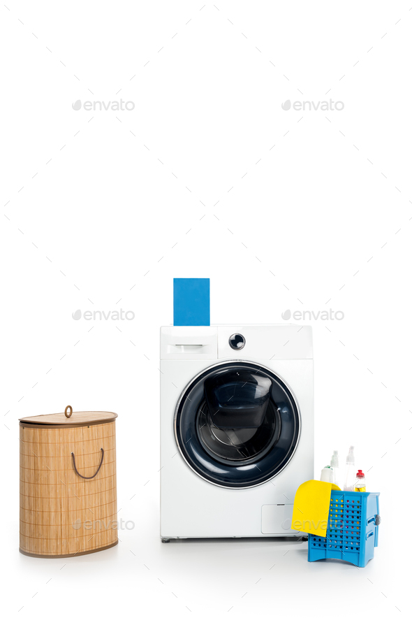 Washing Machine Isolated On White, Cleaning Agents And Cloths