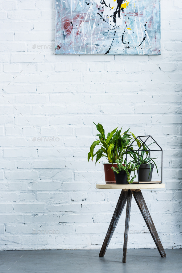 potted plants in front of brick wall with painting