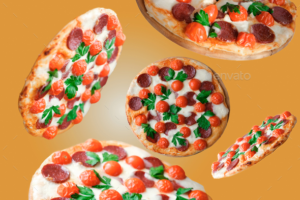 flying pizza on orange background. homemade pizza levitation. italian traditional food. - Stock Photo - Images