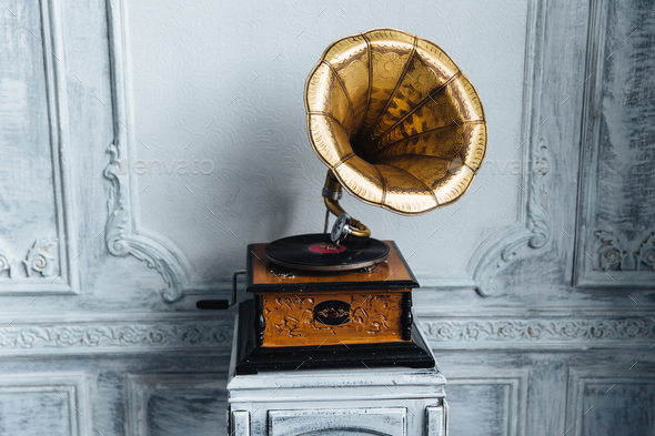 Old Record Player Against Ancient Wooden Wall Antique Gramophone With