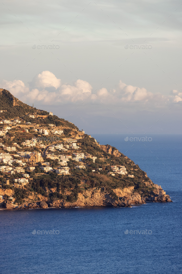 Touristic Town, Vettica Maggiore, on Cliffs and Mountain Landscape by the Sea. Amalfi Coast, Italy - Stock Photo - Images