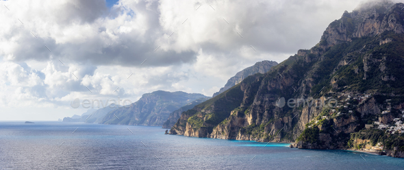 Rocky Cliffs and Mountain Landscape by the Tyrrhenian Sea. Amalfi Coast, Italy. Nature Background - Stock Photo - Images