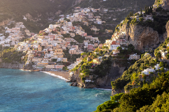 Touristic Town, Positano, on Rocky Cliffs and Mountain Landscape by the Sea. Amalfi Coast, Italy.  - Stock Photo - Images