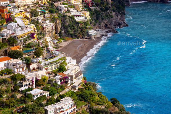 Touristic Town, Positano, on Rocky Cliffs and Mountain Landscape by the Sea. Amalfi Coast, Italy - Stock Photo - Images