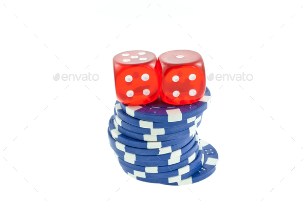 blue poker chips and red dice cubes - Stock Photo - Images