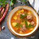 The concept of healthy and diet food. Vegetable autumn soup with bean balls.  - PhotoDune Item for Sale