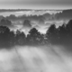 Morning Fog Illuminated By Sun Covers Plain Landscape. Black And White Retro Bw Black White. Aerial - PhotoDune Item for Sale