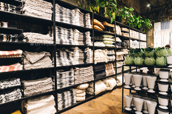 View of assortment of decor for interior shop in store of shopping center. View of shelving with - Stock Photo - Images