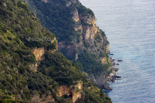 Rocky Cliffs and Mountain Landscape by the Tyrrhenian Sea. Amalfi Coast, Italy. Nature Background - Stock Photo - Images