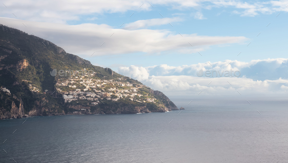 Touristic Town, Vettica Maggiore, on Rocky Cliffs and Landscape by the Sea. Amalfi Coast, Italy - Stock Photo - Images