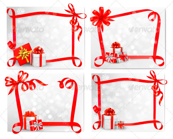 Set of Holiday Backgrounds with Red Gift Bows - Christmas Seasons/Holidays