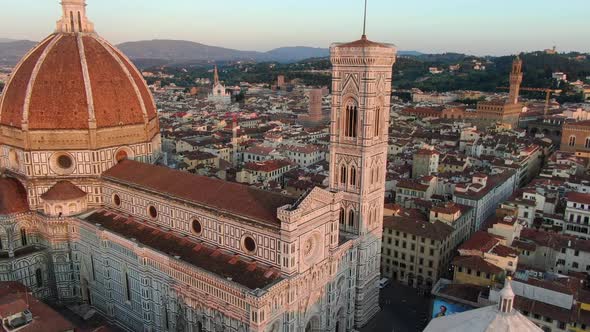 Florence Cathedral (Santa Maria del Fiore) during sunset flight (Tuscany, Italy) alt