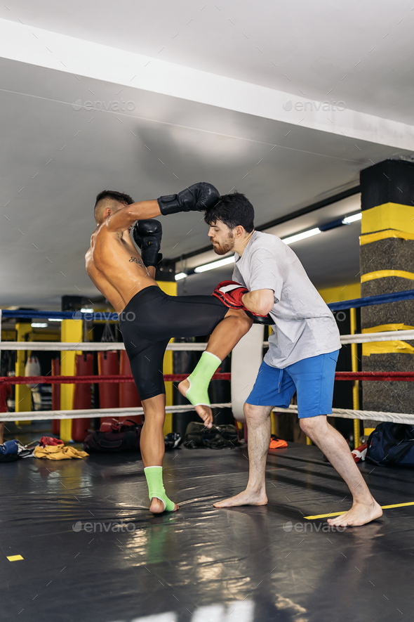 Low angle view of a man with mitten training with his colleague boxer ...