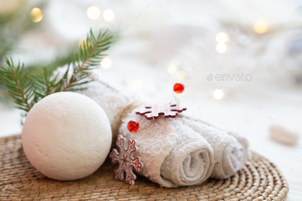 Winter spa composition with body care items and decor details. - Stock Photo - Images
