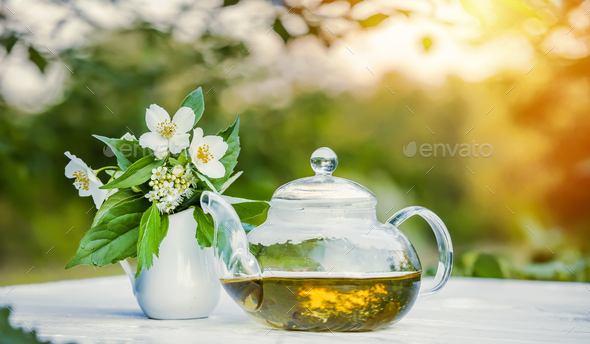 Philadelphus or garden jasmine flowers, healthy herbal tea cup of hot ...