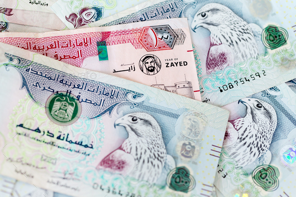 Uae Dirhams Paper Money Five And One Hundred Dirhams Banknotes