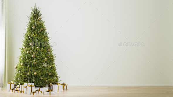 Empty room interior with decorated Christmas tree with festive lights, ornaments, gifts, 3d render - Stock Photo - Images
