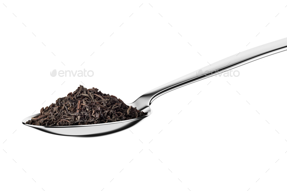Teaspoon with black dry tea leaves isolated on white. - Stock Photo - Images