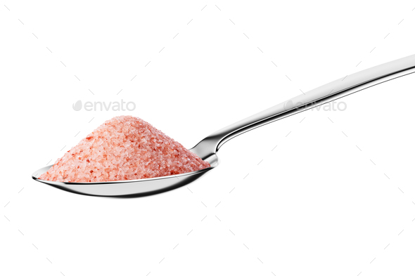 Teaspoon with pink Himalayan fine salt isolated on white. - Stock Photo - Images