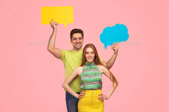 Stylish young couple with speech bubbles