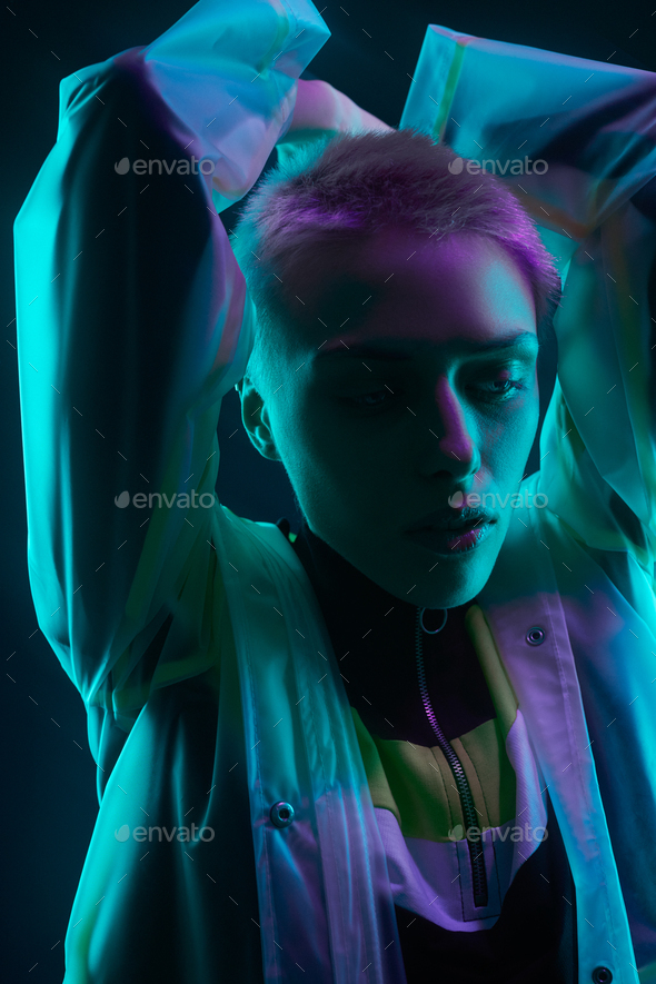 Futuristic female model with raised arms Stock Photo by kegfire | PhotoDune