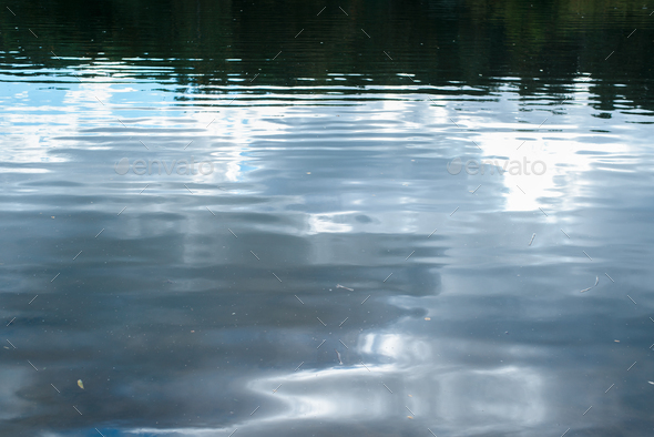 Ripples on surface of water, lake or pond, reflection of sky and forest, outdoors day.