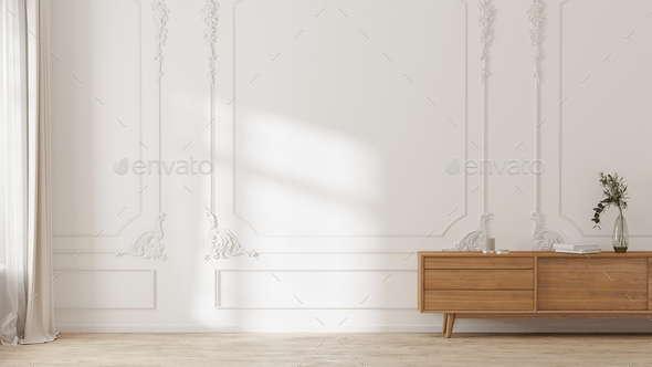 White wall with classic style mouldings and wooden floor, wooden dresser and sunlight on wall, 3d  - Stock Photo - Images