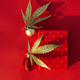 Golden leaves of cannabis, marijuana with Christmas decor and gift box on a red holiday background - PhotoDune Item for Sale
